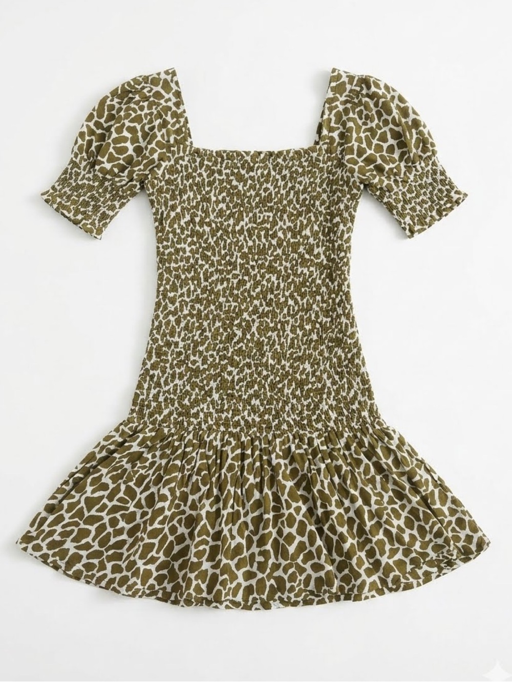 Olive Animal-Print Shirred Square-Neck Dress